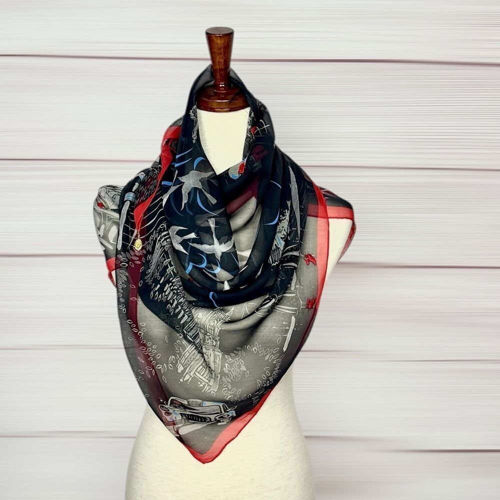 Lulu Guinness Silk Chiffon Scarf London Conture Themed Black Red Sheer 33x33" - Picture 11 of 15